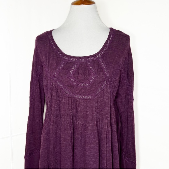 Free People Lace Embroidered Pintuck Pleated High Low Purple Knit Tunic Tee S - Picture 10 of 14